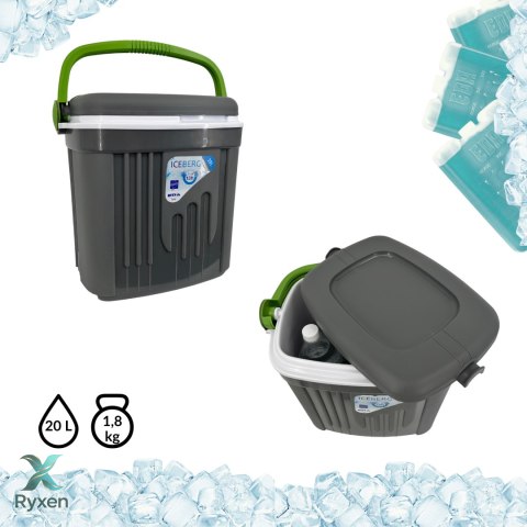 Lodówka turystyczna 20L KAMAI ICEBERG na wkłady mrożące, ciemno-szara z zieloną rączką EDA
