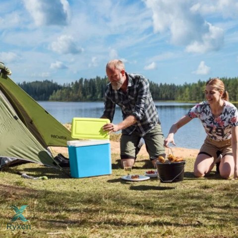 Lodówka turystyczna 35L KAMAI EDA na wkłady mrożące, turkusowa z białą rączką i zieloną pokrywą EDA