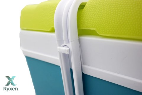 Lodówka turystyczna 35L KAMAI EDA na wkłady mrożące, turkusowa z białą rączką i zieloną pokrywą EDA