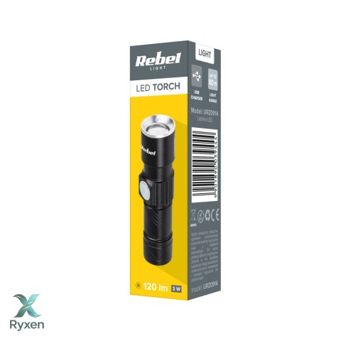 Latarka aluminiowa 3W Rebel (ZOOM, wtyk USB) Rebel