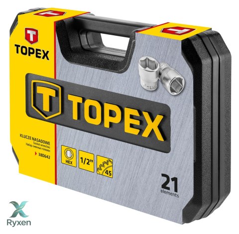 Klucze nasadowe 1/2", zestaw 21 szt. TOPEX
