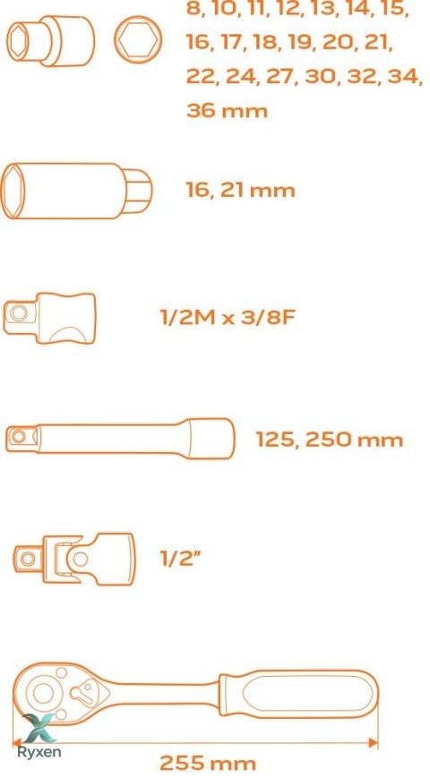 Klucze nasadowe 1/2", zestaw 27 szt., wkładka NEO TOOLS