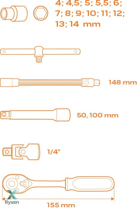 Klucze nasadowe 1/4", zestaw 19 szt., wkładka NEO TOOLS