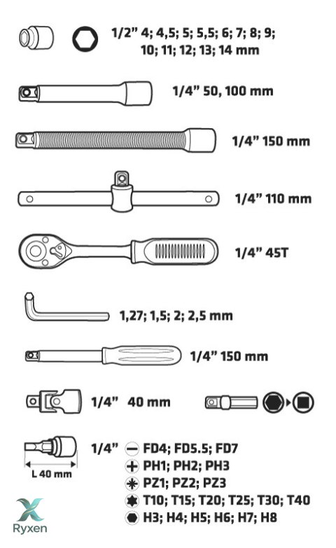 Klucze nasadowe 1/4", zestaw 46 szt. TOPEX