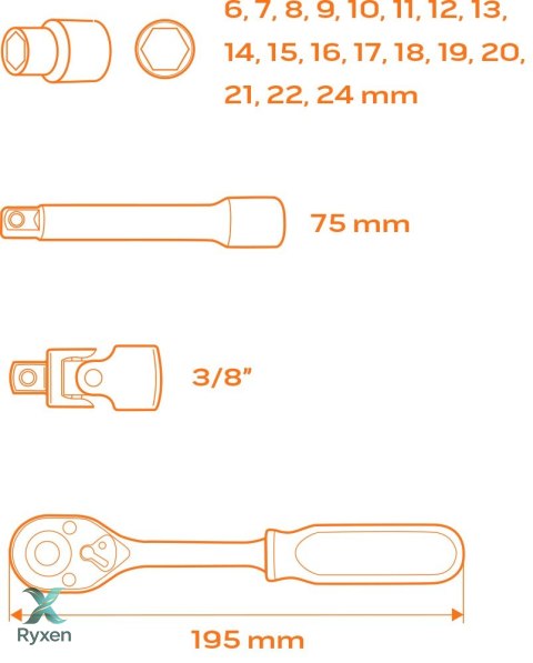Klucze nasadowe 3/8", zestaw 22 szt., wkładka NEO TOOLS