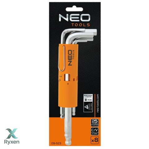 Klucze sześciokątne, długie, kuliste 2-10 mm, zestaw 8 szt. NEO TOOLS