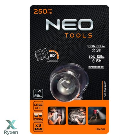 Latarka czołowa bateryjna 250 lm, zoom, CREE XPE, 3 x AAA NEO TOOLS