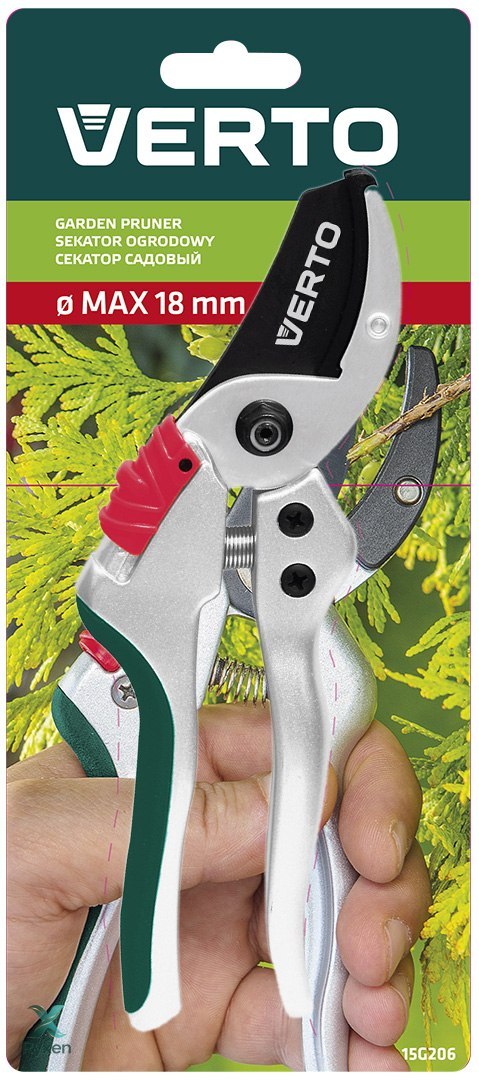 Sekator ogrodowy kowadełowy 195 mm, aluminiowy, średnica cięcia 18 mm VERTO