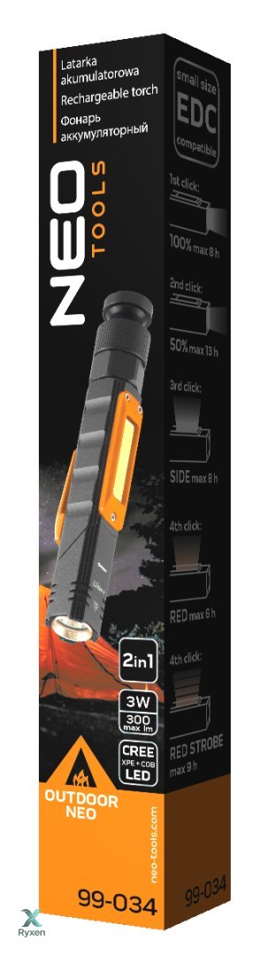 Latarka akumulatorowa USB 300 lm 2 w 1 CREE XPE + COB LED NEO TOOLS