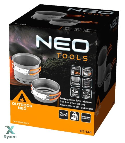 Garnki turystyczne 2 w 1 z radiatorem + torba NEO TOOLS