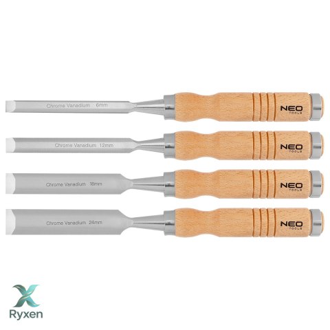 Dłuta 6, 12, 18, 24 mm, zestaw 4 szt., uchwyt drewniany NEO TOOLS