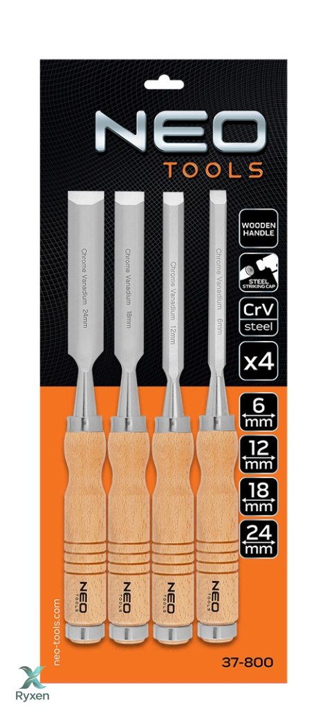 Dłuta 6, 12, 18, 24 mm, zestaw 4 szt., uchwyt drewniany NEO TOOLS