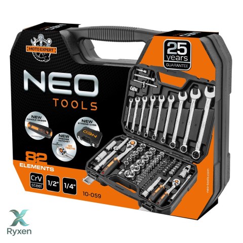 Zestaw kluczy nasadowych 1/2", 1/4", 82 szt., CrV NEO TOOLS