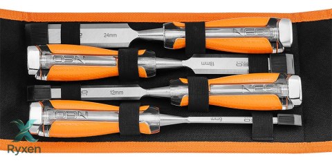 Dłuta 6, 12, 18, 24, zestaw 4 szt. Uchwyt dwukomponentowy. Pakowane w etui NEO TOOLS