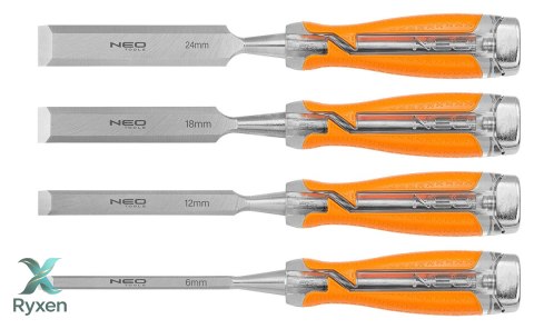 Dłuta 6, 12, 18, 24, zestaw 4 szt. Uchwyt dwukomponentowy. Pakowane w etui NEO TOOLS
