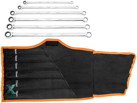 Klucze oczkowe z grzechotką, długie, zestaw 6 szt., 8 - 19 mm, miękkie etui NEO TOOLS