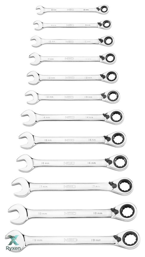 Klucze płasko-oczkowe z grzechotką i przełącznikiem, zestaw 12 szt., 8 - 19 mm, miękkie etui NEO TOOLS