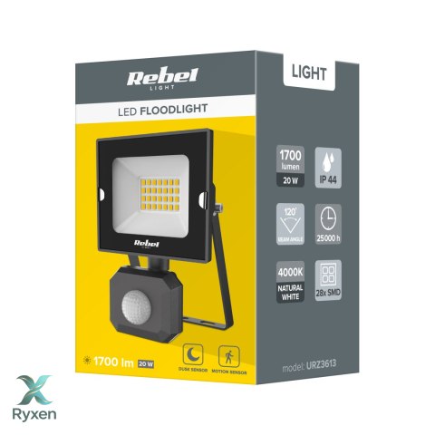 Reflektor LED naświetlacz Rebel 20W z sensorem ruchu i zmierzchu, 4000K, 230V Rebel